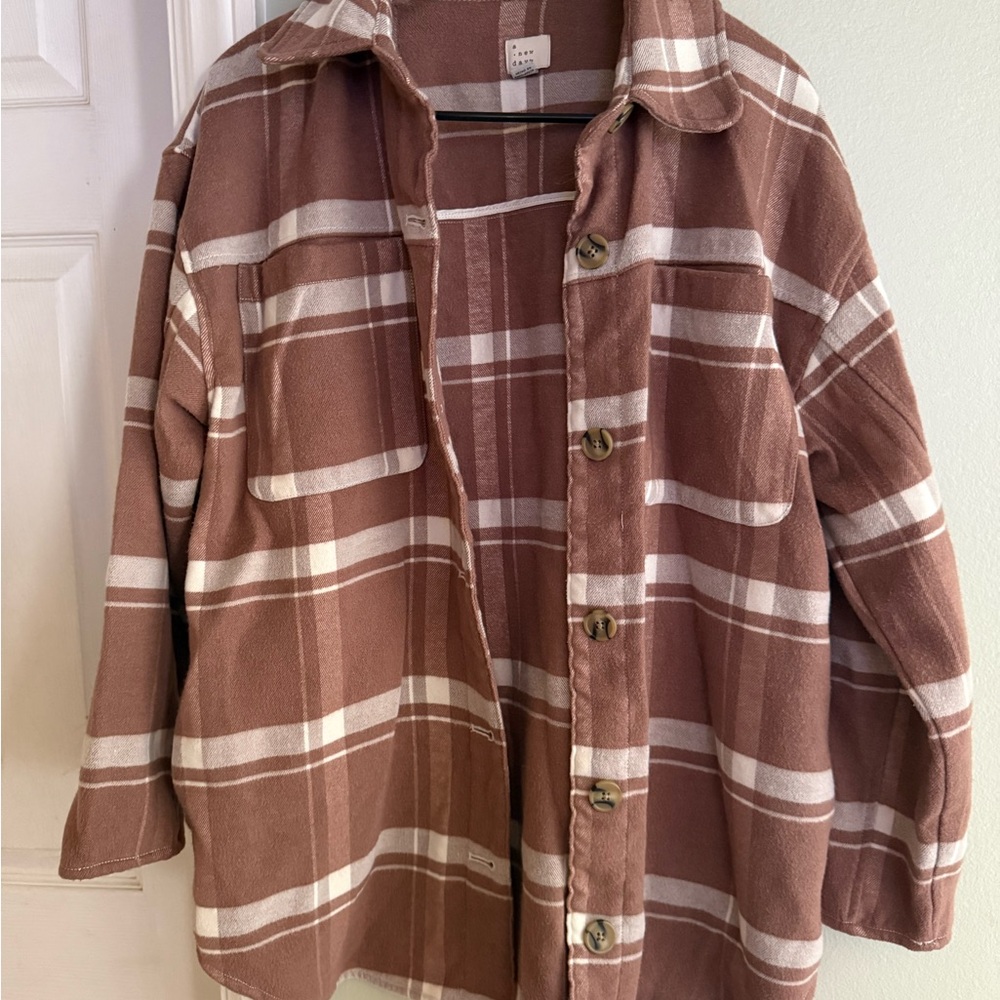Brown and White Plaid Button-Up Shirt